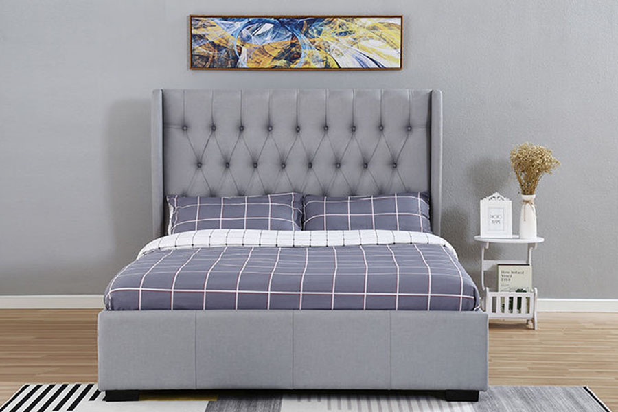 Rangka Tempat Tidur Penyimpanan Detail Kancing Kain Abu-abu Wingback Headboard Tinggi 1310G