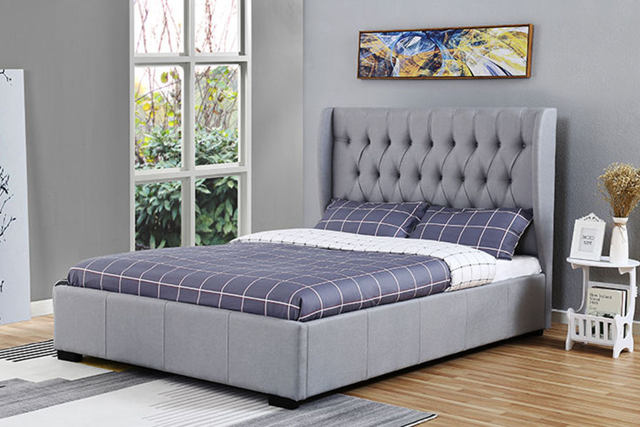 Rangka Tempat Tidur Penyimpanan Detail Kancing Kain Abu-abu Wingback Headboard Tinggi 1310G