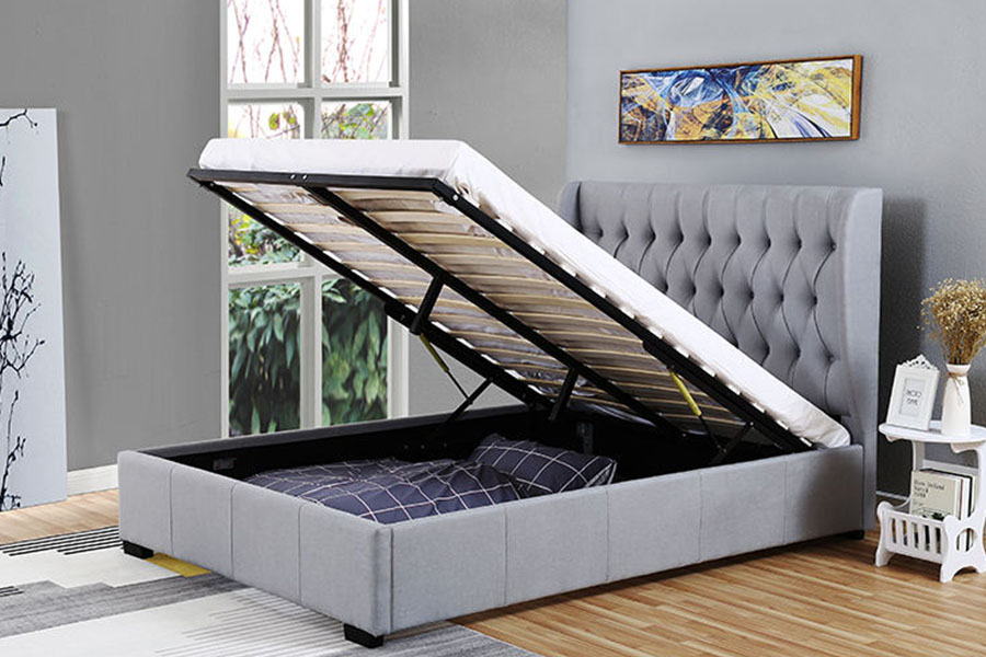 Rangka Tempat Tidur Penyimpanan Detail Kancing Kain Abu-abu Wingback Headboard Tinggi 1310G