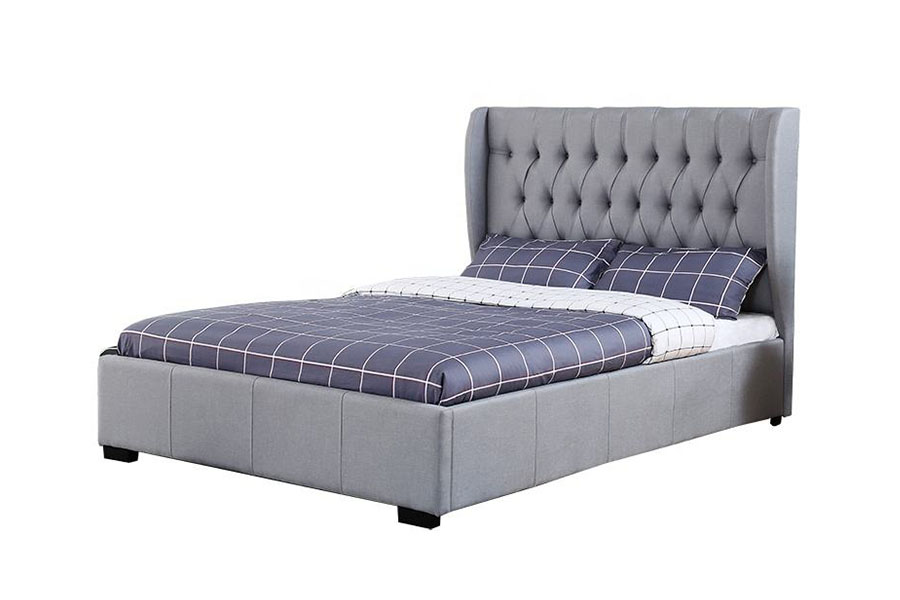Rangka Tempat Tidur Penyimpanan Detail Kancing Kain Abu-abu Wingback Headboard Tinggi 1310G
