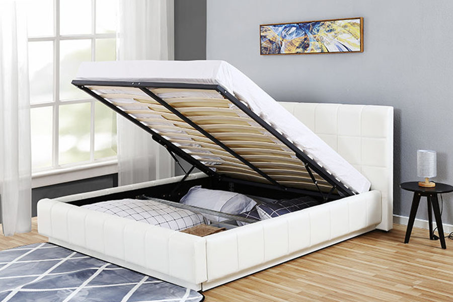 Rangka Tempat Tidur Berlapis Kamar Tidur Penyimpanan Kulit PU Putih LED Tiga Sisi 1305G