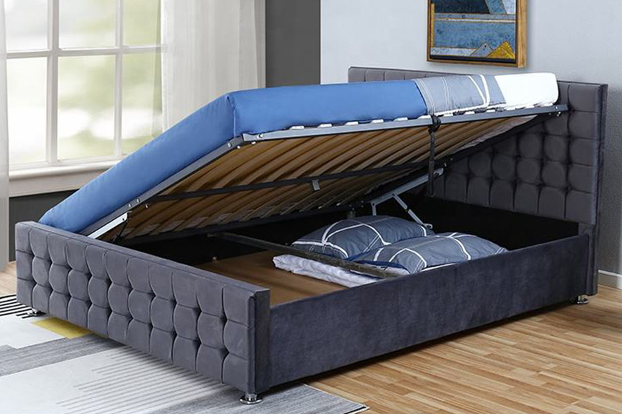 Rangka Tempat Tidur Penyimpanan Raja Ottoman Kayu Solid Panel Berumbai Beludru 1354G
