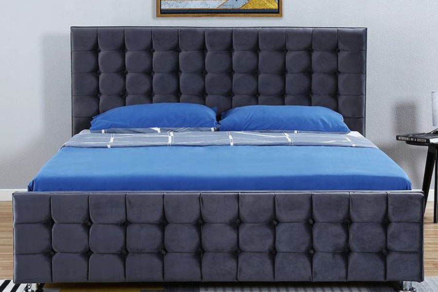 Rangka Tempat Tidur Penyimpanan Raja Ottoman Kayu Solid Panel Berumbai Beludru 1354G