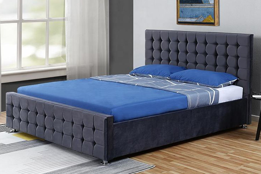 Rangka Tempat Tidur Penyimpanan Raja Ottoman Kayu Solid Panel Berumbai Beludru 1354G
