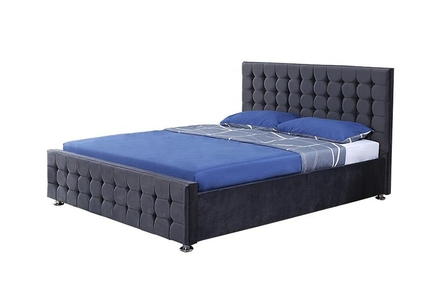 Rangka Tempat Tidur Penyimpanan Raja Ottoman Kayu Solid Panel Berumbai Beludru 1354G