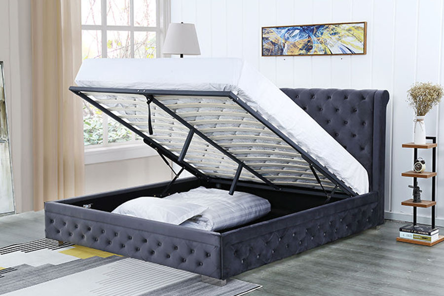 Rangka Tempat Tidur Penyimpanan Berlapis Ratu Ottoman Kayu Solid Beludru Mewah 1293G