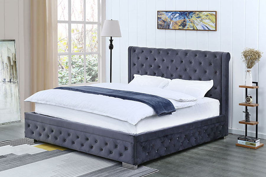 Rangka Tempat Tidur Penyimpanan Berlapis Ratu Ottoman Kayu Solid Beludru Mewah 1293G