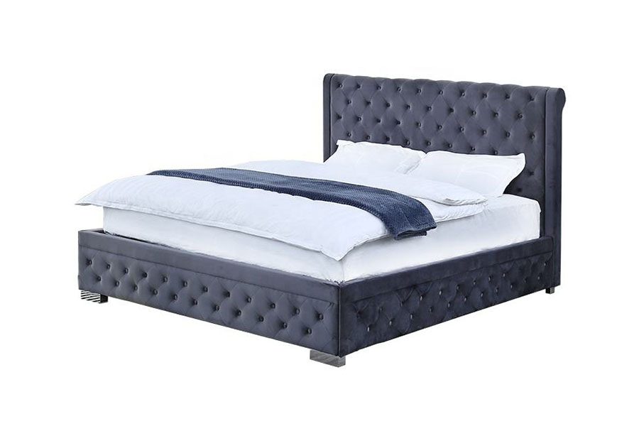 Rangka Tempat Tidur Penyimpanan Berlapis Ratu Ottoman Kayu Solid Beludru Mewah 1293G