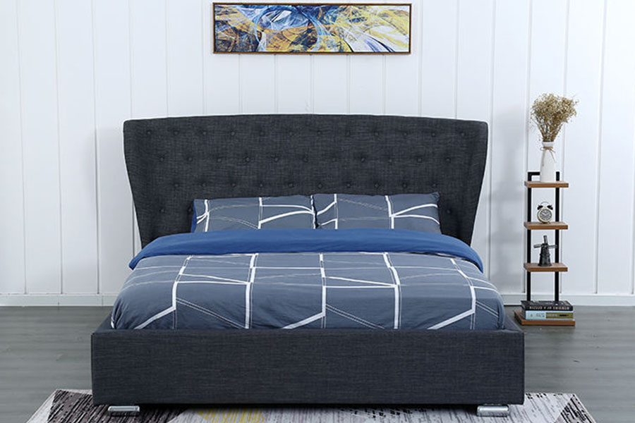 Tempat Tidur Berlapis Kaki Kayu Kancing Linen Abu-abu Wingback Eropa 1292G