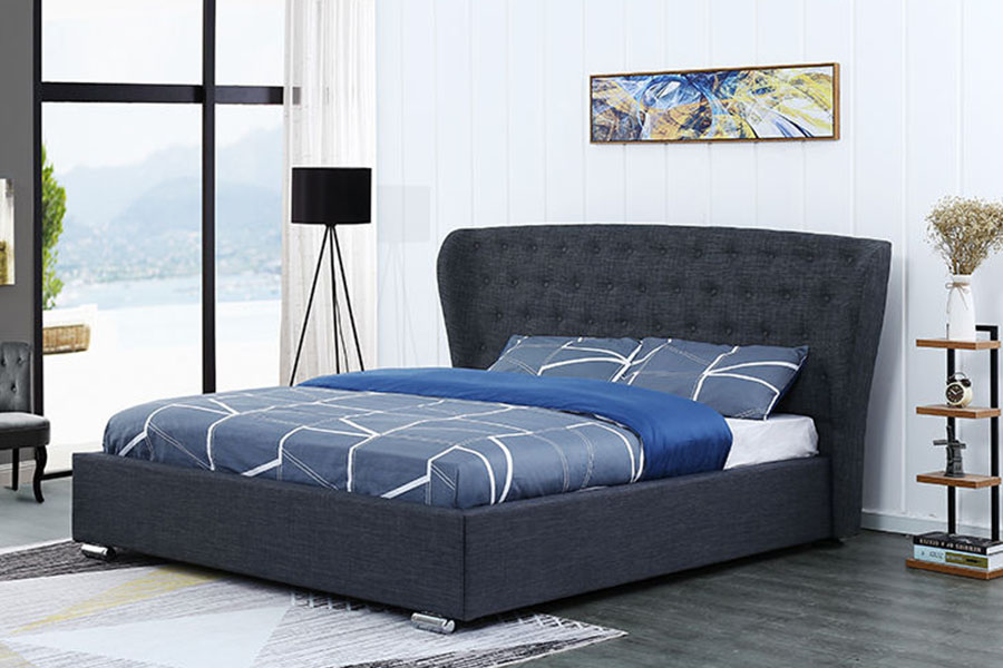 Tempat Tidur Berlapis Kaki Kayu Kancing Linen Abu-abu Wingback Eropa 1292G