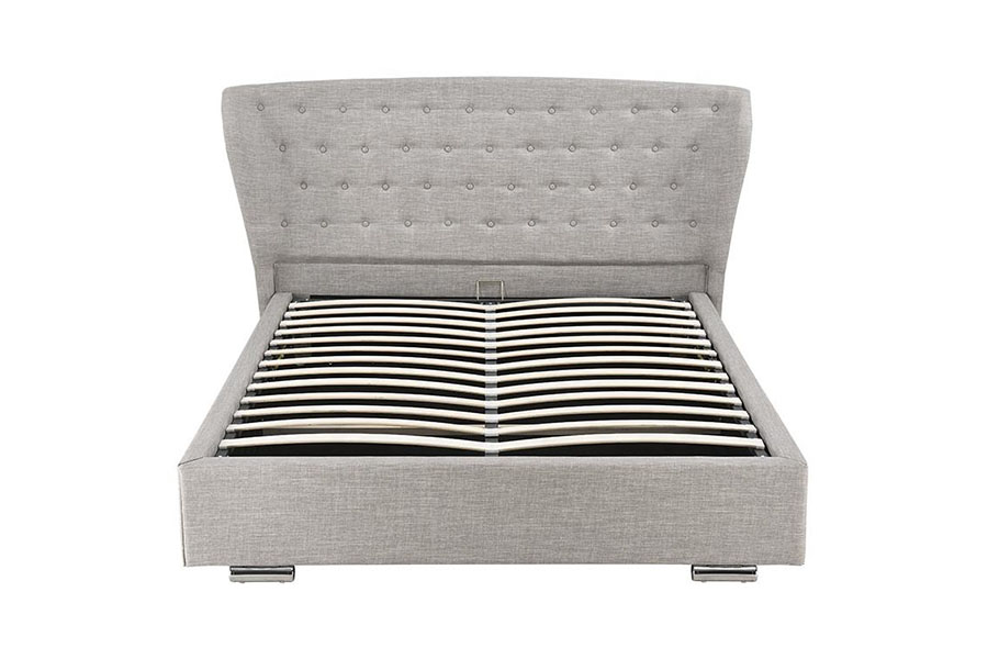 Tempat Tidur Berlapis Kaki Kayu Kancing Linen Abu-abu Wingback Eropa 1292G