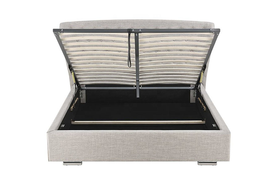 Tempat Tidur Berlapis Kaki Kayu Kancing Linen Abu-abu Wingback Eropa 1292G
