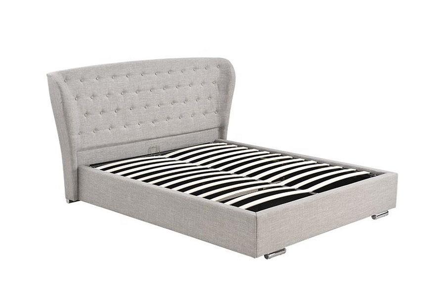 Tempat Tidur Berlapis Kaki Kayu Kancing Linen Abu-abu Wingback Eropa 1292G
