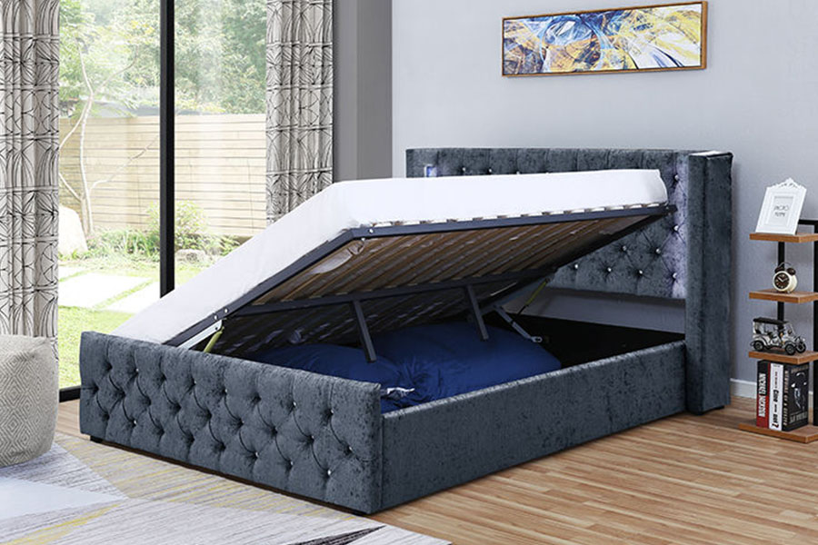 Rangka Tempat Tidur Penyimpanan Kayu Bersayap LED Beludru Perak 1290-1G