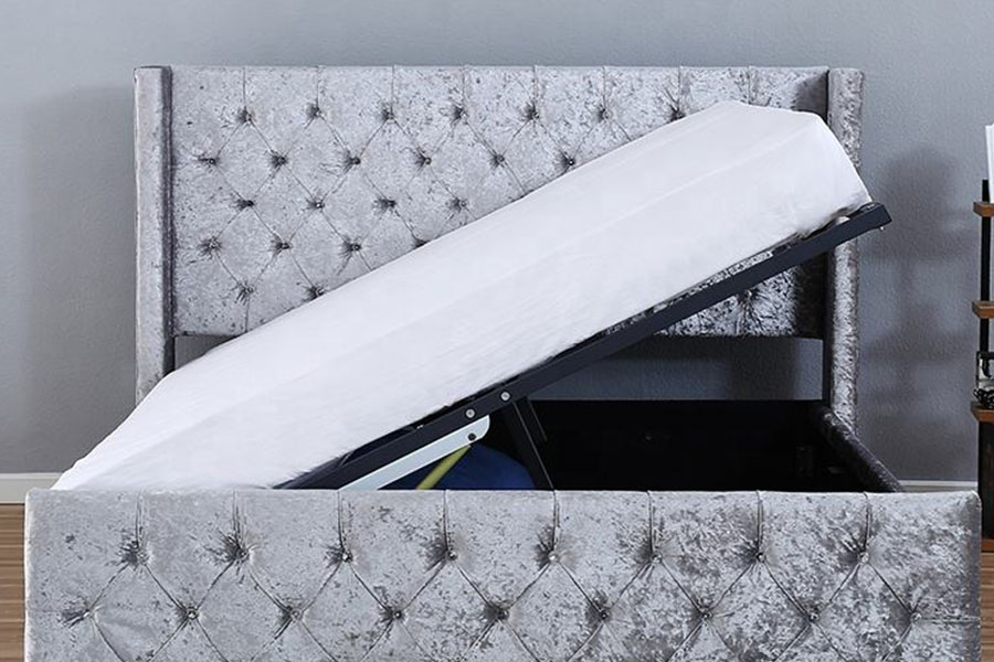 Rangka Tempat Tidur Penyimpanan Kayu Bersayap LED Beludru Perak 1290-1G