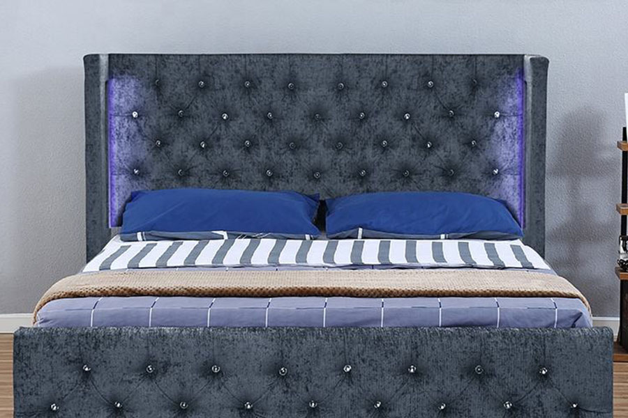 Rangka Tempat Tidur Penyimpanan Kayu Bersayap LED Beludru Perak 1290-1G