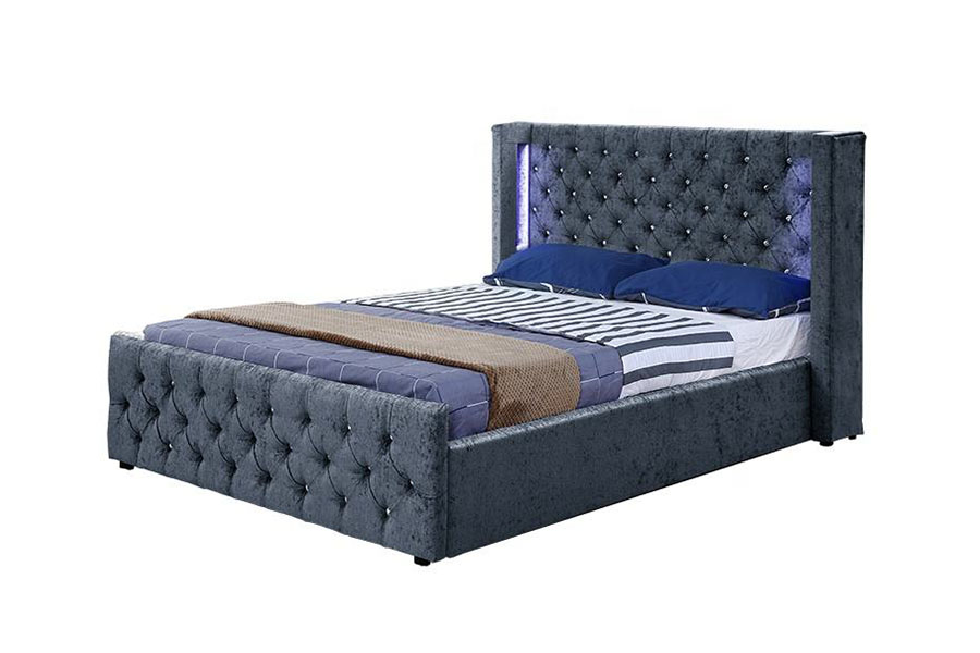 Rangka Tempat Tidur Penyimpanan Kayu Bersayap LED Beludru Perak 1290-1G
