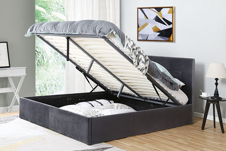 Rangka Tempat Tidur Queen Pengangkat Hidraulik Kulit Hemat Ruang Berumbai 1274G