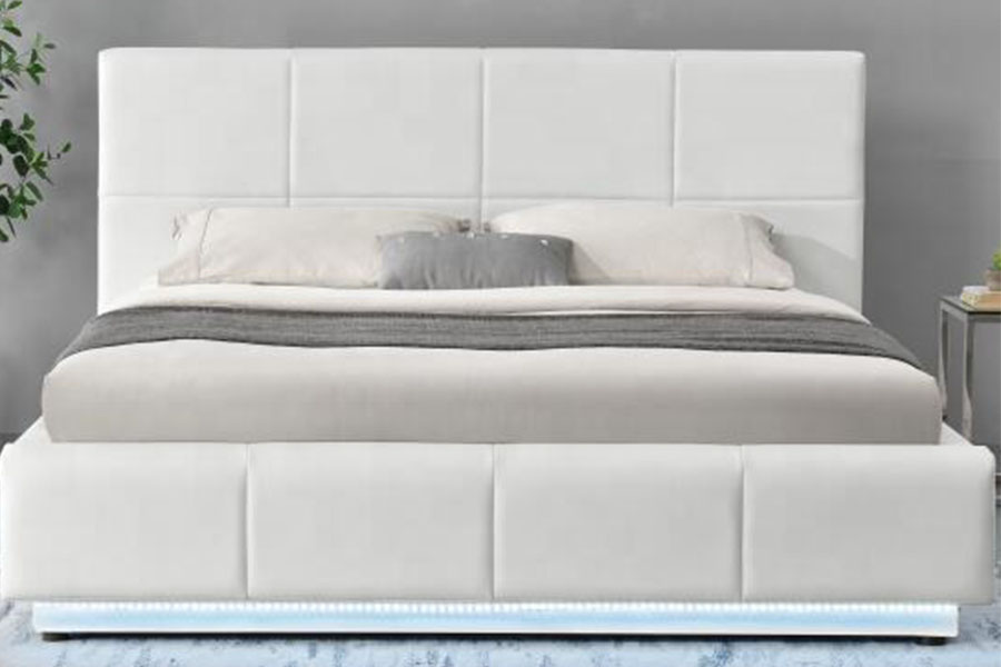 Rangka Tempat Tidur Berlapis Ganda LED Ottoman Kulit Imitasi Putih 1239-1G