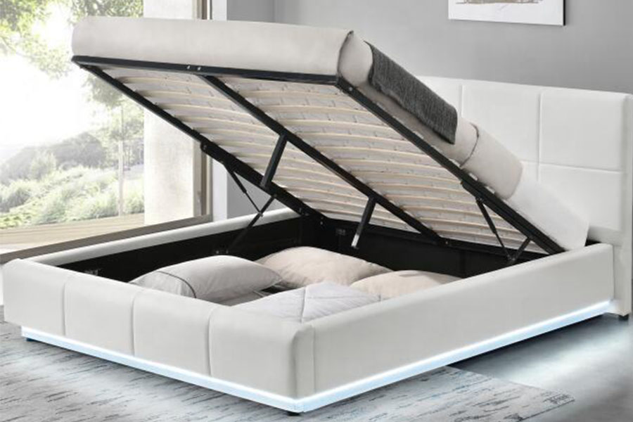 Rangka Tempat Tidur Berlapis Ganda LED Ottoman Kulit Imitasi Putih 1239-1G