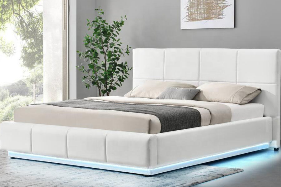 Rangka Tempat Tidur Berlapis Ganda LED Ottoman Kulit Imitasi Putih 1239-1G